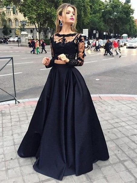 Ball Gown Long Sleeves Bateau Satin Floor-Length Prom Dresses by misshow.com