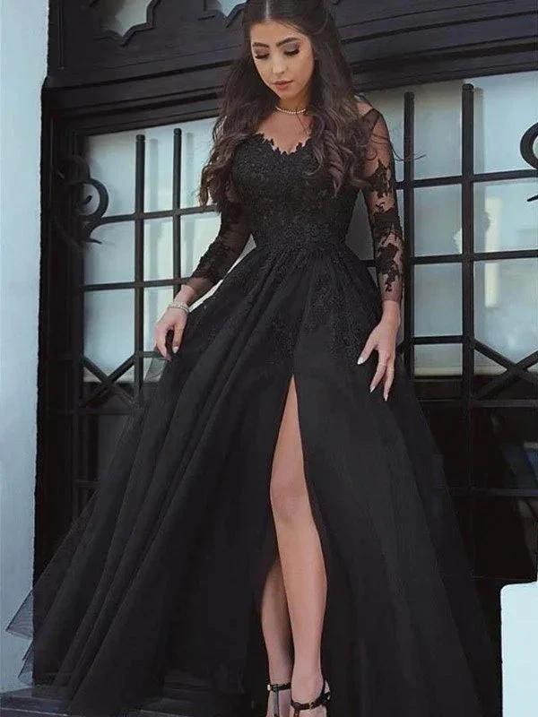 Vestido de Baile com Mangas Compridas, Ombros Descobertos, Comprimento até ao Chão, Tule com Aplicações para Baile de Finalistas