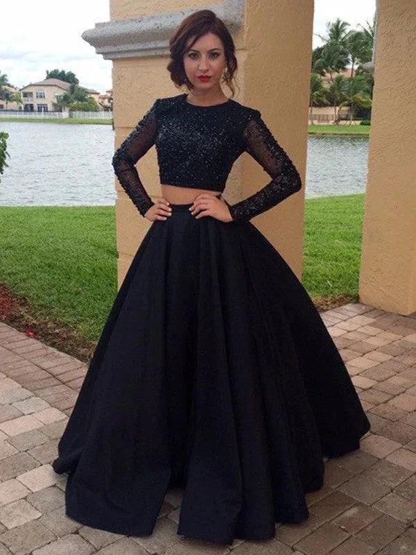 Ball Gown Long Sleeves Scoop Floor-Length Satin Beading Prom Dresses by misshow.com