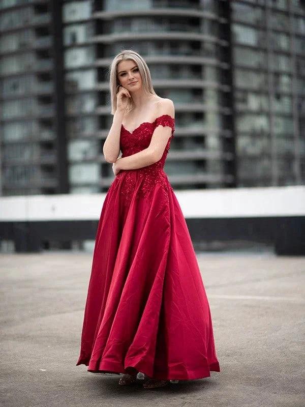 Ball Gown Off-the-Shoulder Satin Applique Sleeveless Floor-Length Prom Dresses by misshow.com