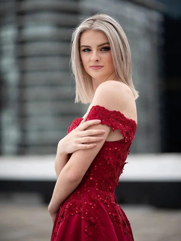 Ball Gown Off-the-Shoulder Satin Applique Sleeveless Floor-Length Prom Dresses by misshow.com