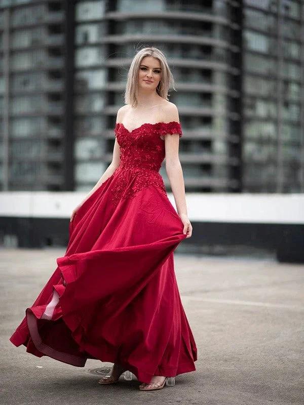 Ball Gown Off-the-Shoulder Satin Applique Sleeveless Floor-Length Prom Dresses by misshow.com