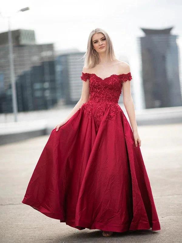 Ball Gown Off-the-Shoulder Satin Applique Sleeveless Floor-Length Prom Dresses by misshow.com