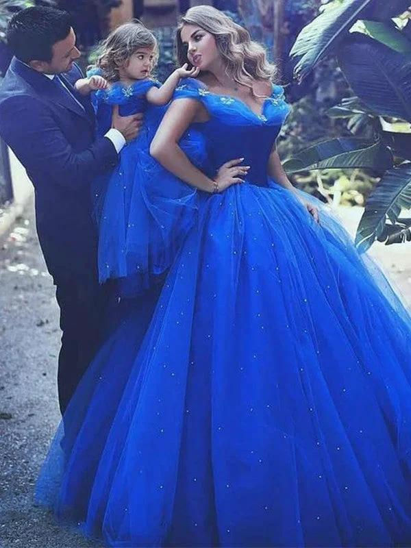 Ball Gown Off-the-Shoulder Sleeveless Floor-Length Beading Tulle Prom Dresses by misshow.com