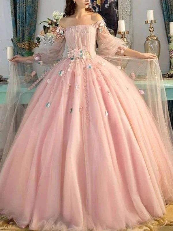 Ball Gown Off-the-Shoulder Tulle Long Sleeves Hand-Made Flower Floor-Length Prom Dresses by misshow.com