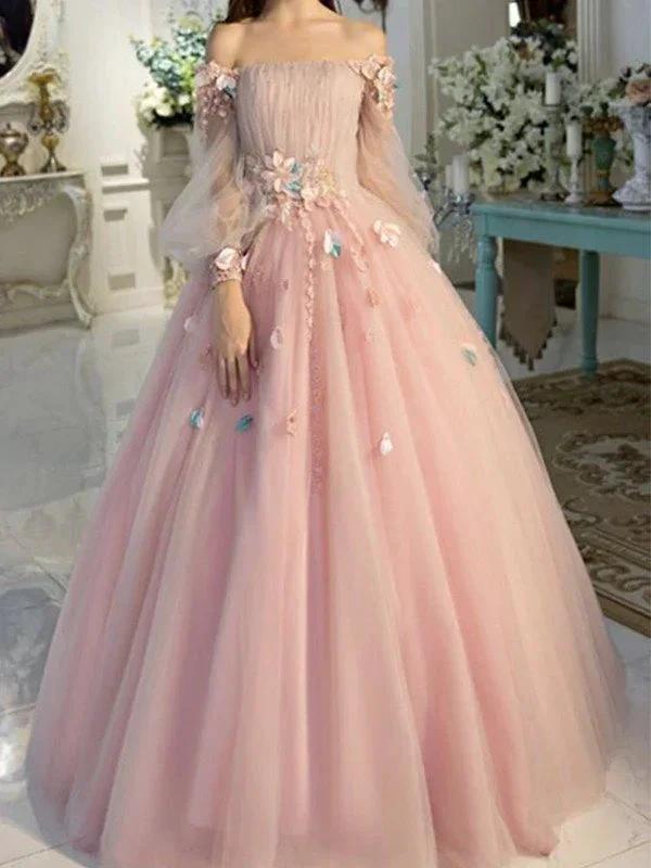 Ball Gown Off-the-Shoulder Tulle Long Sleeves Hand-Made Flower Floor-Length Prom Dresses by misshow.com