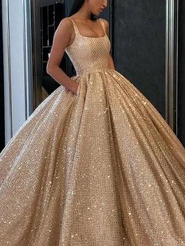 Ball Gown Ruffles Square Sleeveless Floor-Length Prom Dresses by misshow.com