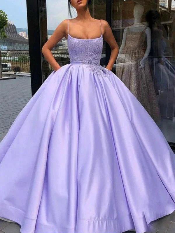 Ball Gown Satin Applique Spaghetti Straps Sleeveless Floor-Length Prom Dresses by misshow.com