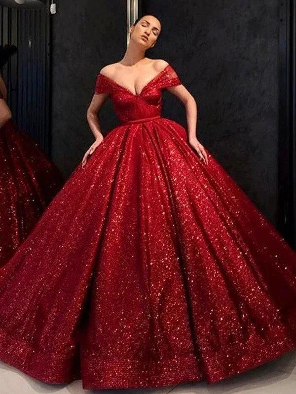 Ball Gown Sequins Ruffles Off-the-Shoulder Sleeveless Floor-Length Prom Dresses by misshow.com
