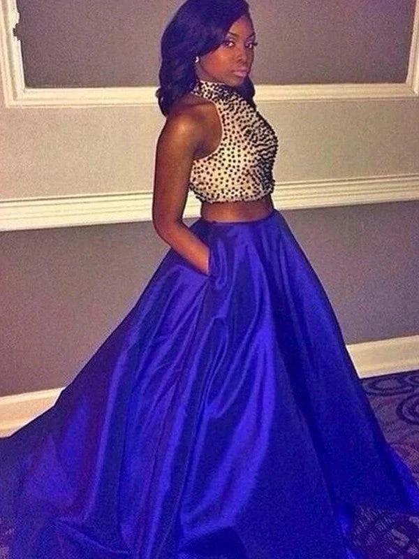 Ball Gown Sleeveless Halter Beading Taffeta Two Piece Prom Dresses by misshow.com