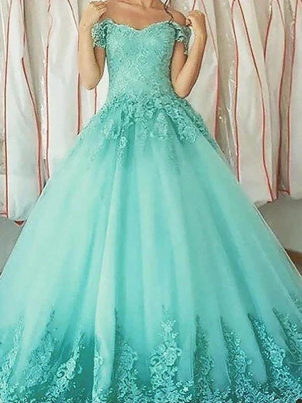 Ball Gown Sleeveless Off-the-Shoulder Applique Floor-Length Tulle Prom Dresses by misshow.com