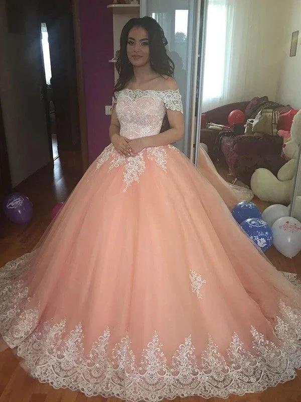 Ball Gown Sleeveless Off-the-Shoulder Court Train Tulle Lace Prom Dresses by misshow.com