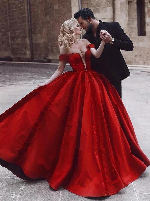 Ball Gown Sleeveless Off-the-Shoulder Ruffles Satin Prom Dresses by misshow.com