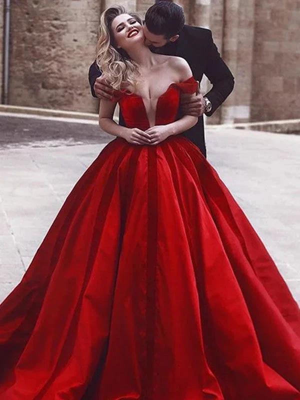 Ball Gown Sleeveless Off-the-Shoulder Ruffles Satin Prom Dresses by misshow.com