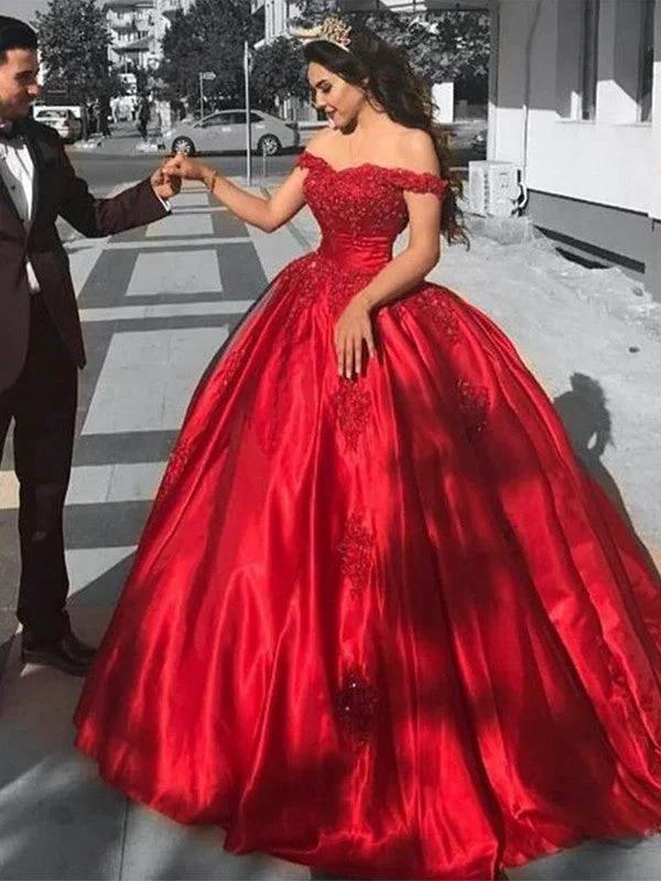 Ball Gown Sleeveless Off-the-Shoulder Satin Lace Prom Dresses by misshow.com
