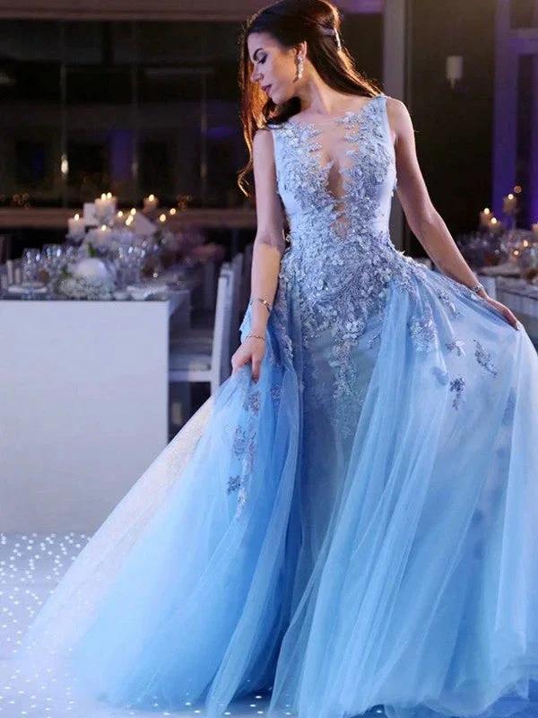 Ball Gown Sleeveless Scoop Applique Tulle Prom Dresses by misshow.com