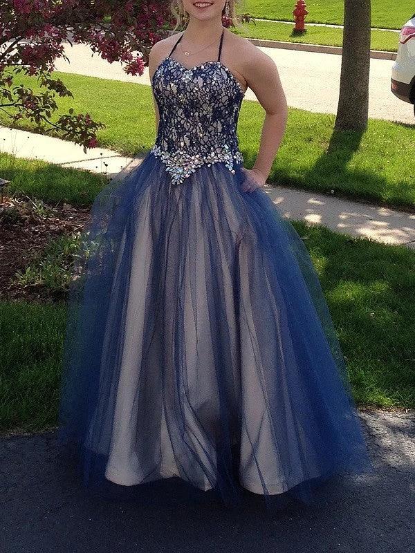 Ball Gown Sleeveless Spaghetti Straps Beading Floor-Length Tulle Prom Dresses by misshow.com