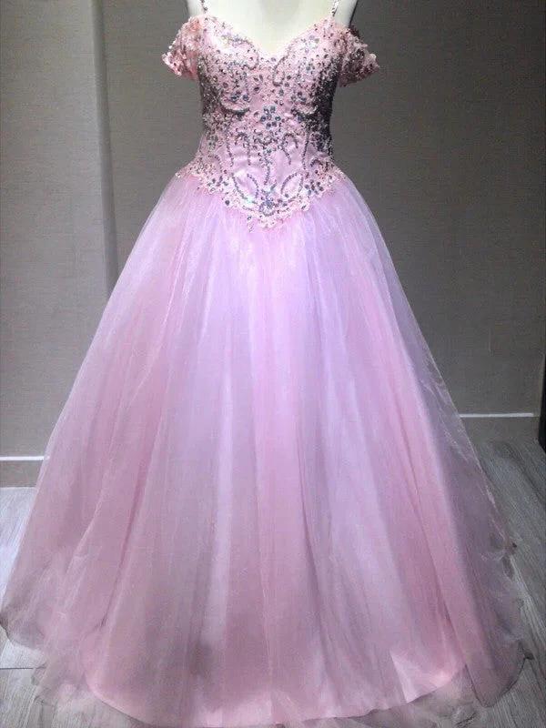 Ball Gown Sleeveless Spaghetti Straps Tulle Crystal Floor-Length Prom Dresses by misshow.com