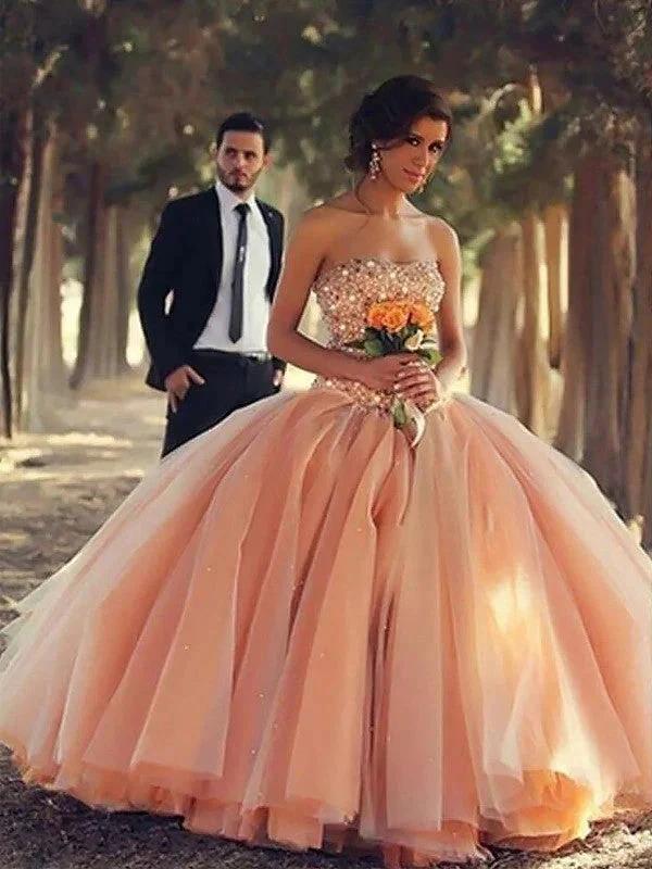 Ball Gown Sleeveless Strapless Beading Floor-Length Tulle Prom Dresses by misshow.com