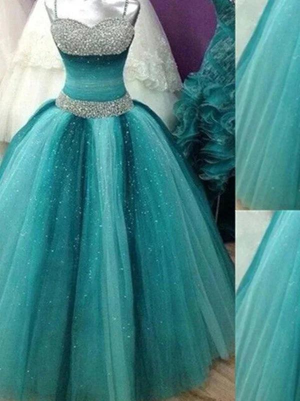 Ball Gown Spaghetti Straps Sleeveless Beading Tulle Floor-Length Prom Dresses by misshow.com