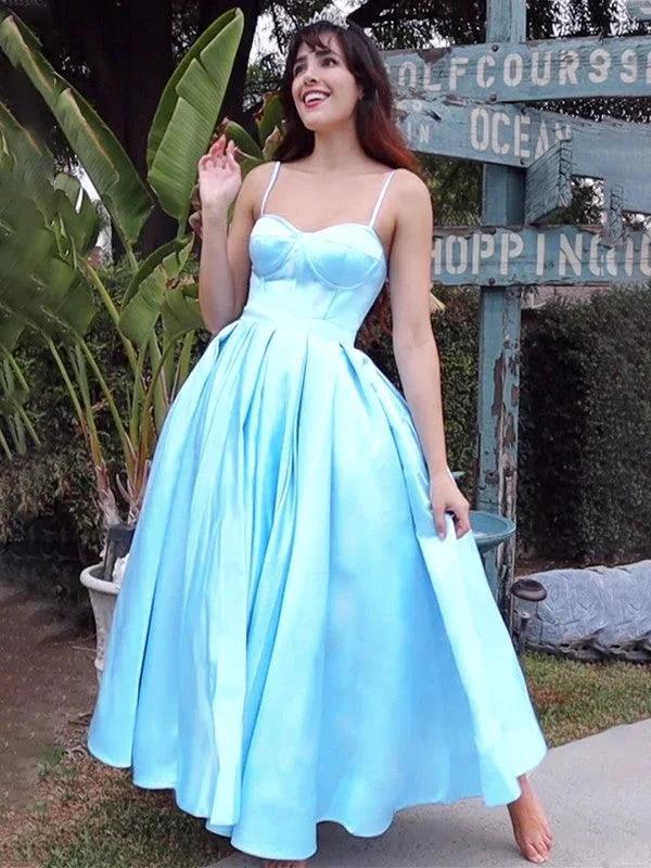 Ball Gown Spaghetti Straps Sleeveless Satin Ruffles Tea-Length Homecoming Prom Dresses by misshow.com
