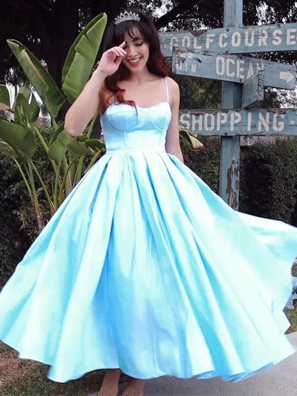 Ball Gown Spaghetti Straps Sleeveless Satin Ruffles Tea-Length Homecoming Prom Dresses by misshow.com