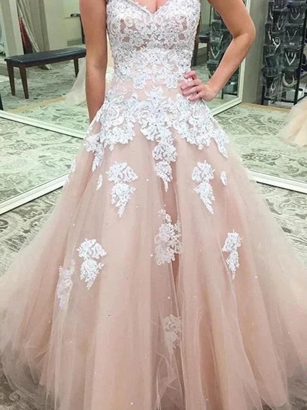 Ball Gown Sweetheart Sleeveless Applique Tulle Floor-Length Prom Dresses by misshow.com