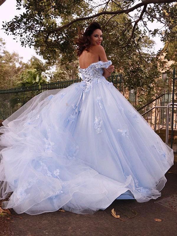 Ball Gown Tulle Applique Off-the-Shoulder Sleeveless Prom Dresses by misshow.com