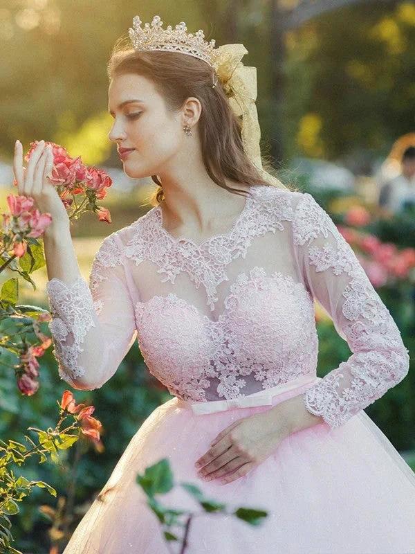 Ball Gown Tulle Scoop Lace Long Sleeves Prom Dresses by misshow.com