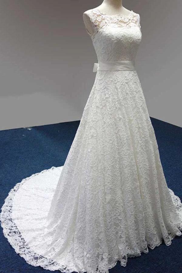Bateau A-Line Lace Sash Bowknot Sleeveless Wedding Dress WD158 by pgmdress