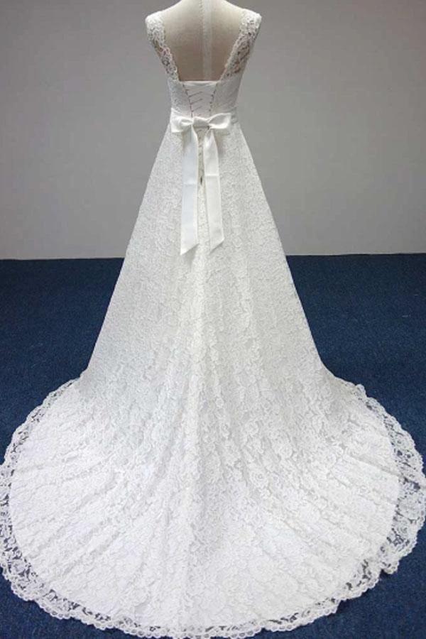 Bateau A-Line Lace Sash Bowknot Sleeveless Wedding Dress WD158 by pgmdress