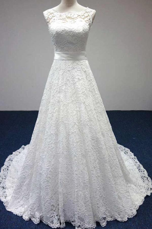 Bateau A-Line Lace Sash Bowknot Sleeveless Wedding Dress WD158 by pgmdress