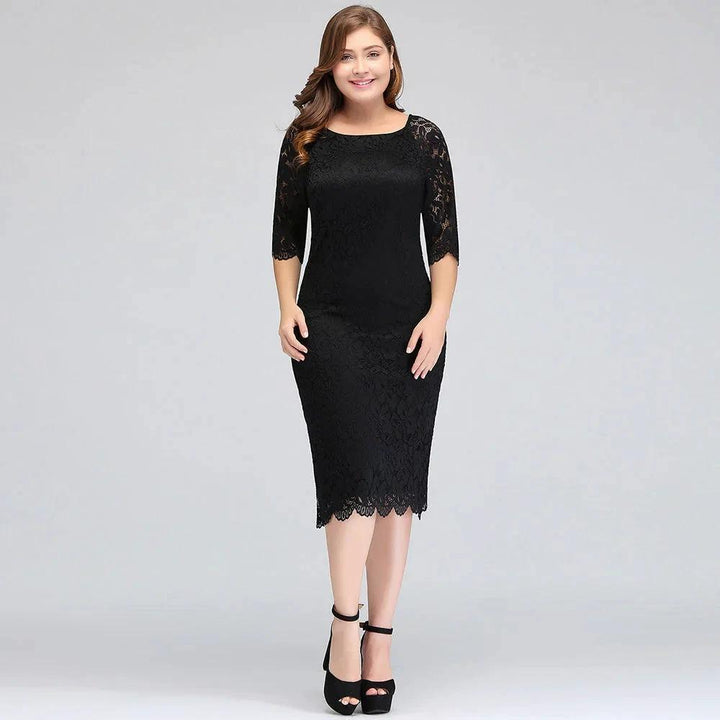 Bateau Tea Length Mermaid Plus size Lace Black Evening Dresses with sleeves by misshow.com