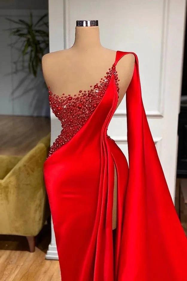High Slit One Shoulder Scarlet Siren Mermaid Prom Dress with Beads by BIZTUNNEL