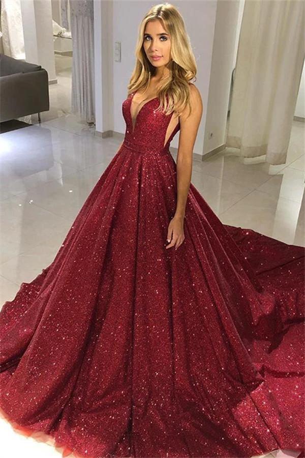 A-line Off-the-shoulder V-neck Burgundy Sequins Evening Dress by BIZTUNNEL
