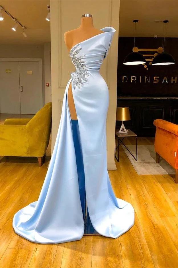 Sky Blue Long Mermaid One Shoulder Sleeveless Front Slit Prom Dress With Beads by BIZTUNNEL