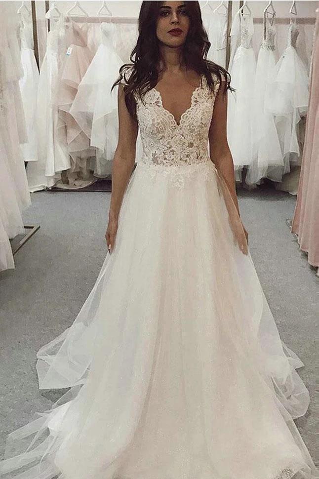 Beach Ivory Long A Line V Neck Tulle Lace Wedding Dress by BIZTUNNEL