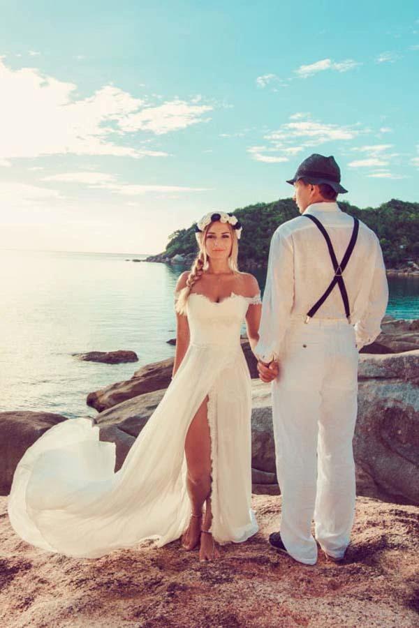 Beach Lace Off The Shoulder Long Chiffon Wedding Dresses WD213 by pgmdress