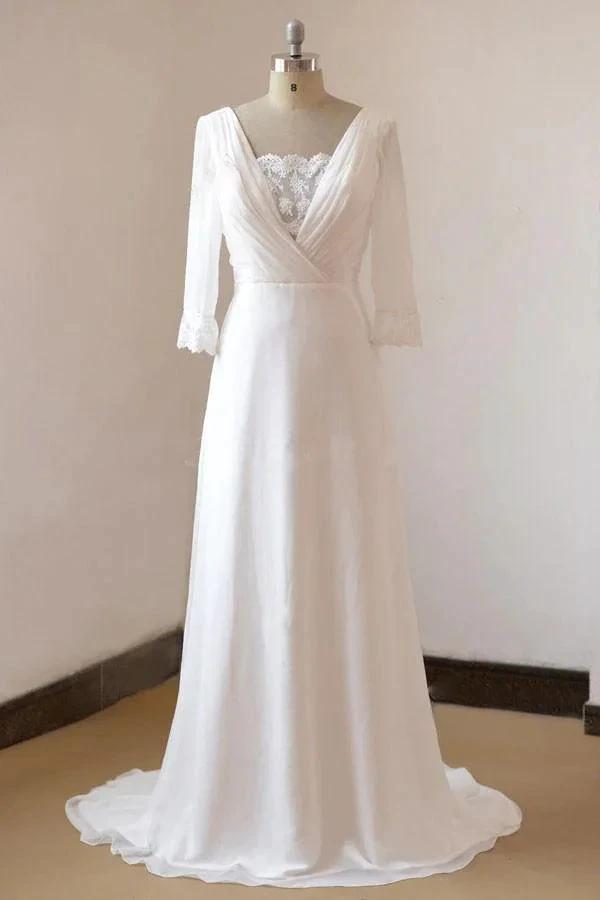 Beach Long A-line Chiffon Backless Wedding Dress with Sleeves by BIZTUNNEL