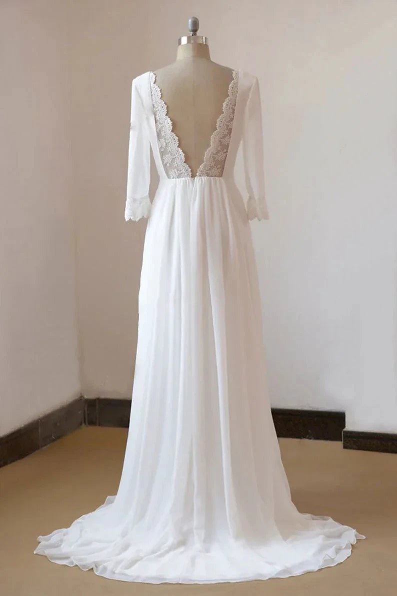 Beach Long A-line Chiffon Backless Wedding Dress with Sleeves by BIZTUNNEL