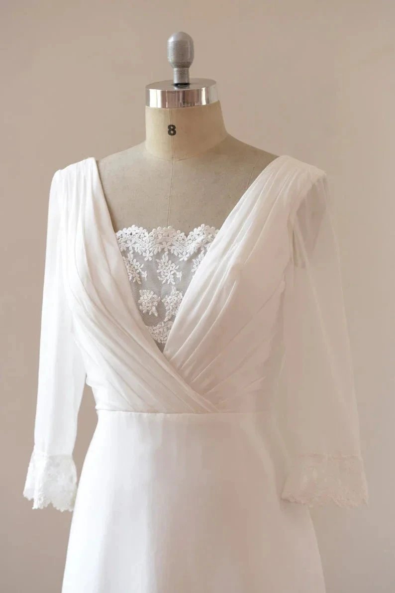 Beach Long A-line Chiffon Backless Wedding Dress with Sleeves by BIZTUNNEL