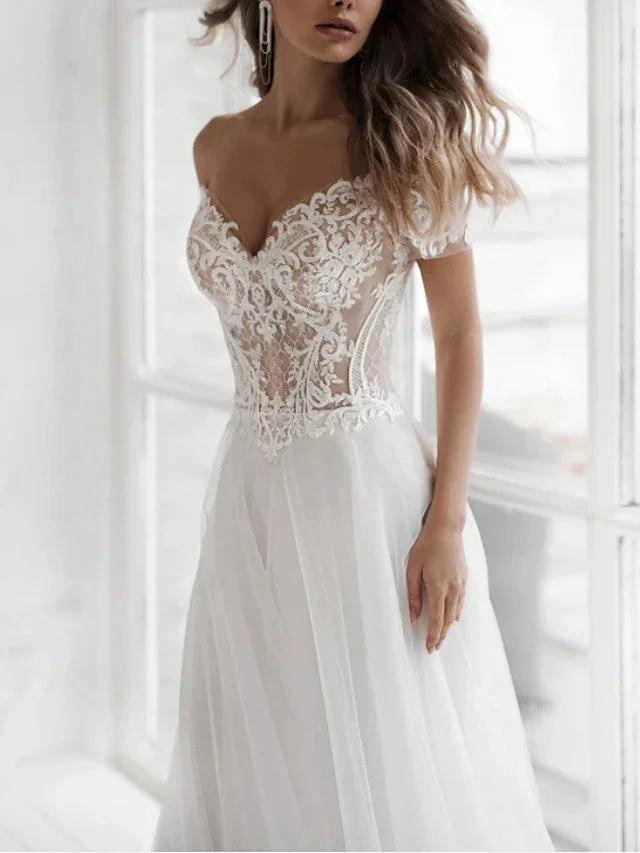 Beach Long A-Line Off the Shoulder Lace Tulle Wedding Dresses by BIZTUNNEL