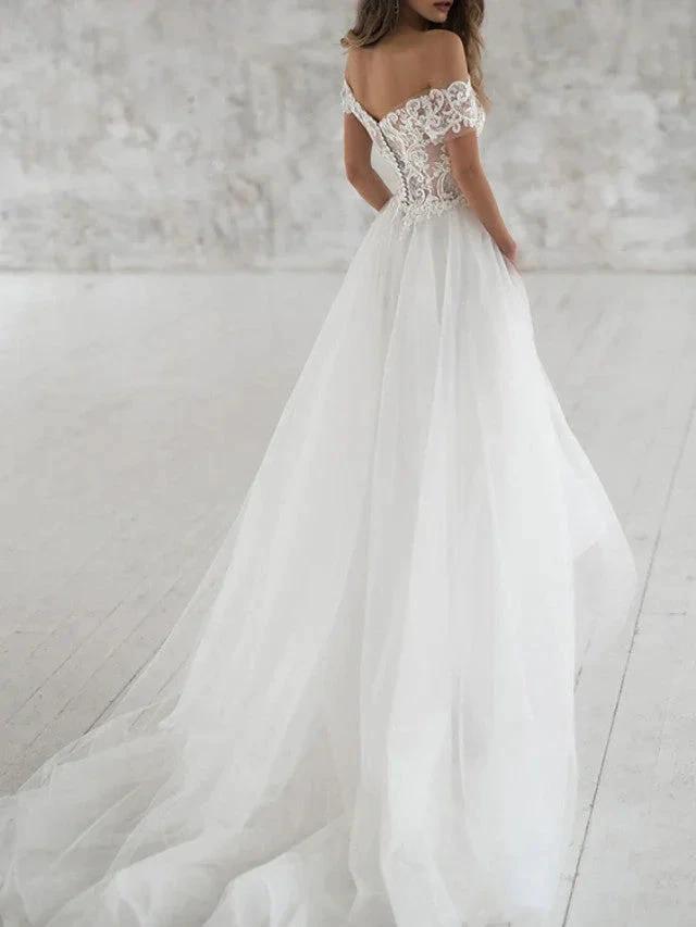 Beach Long A-Line Off the Shoulder Lace Tulle Wedding Dresses by BIZTUNNEL