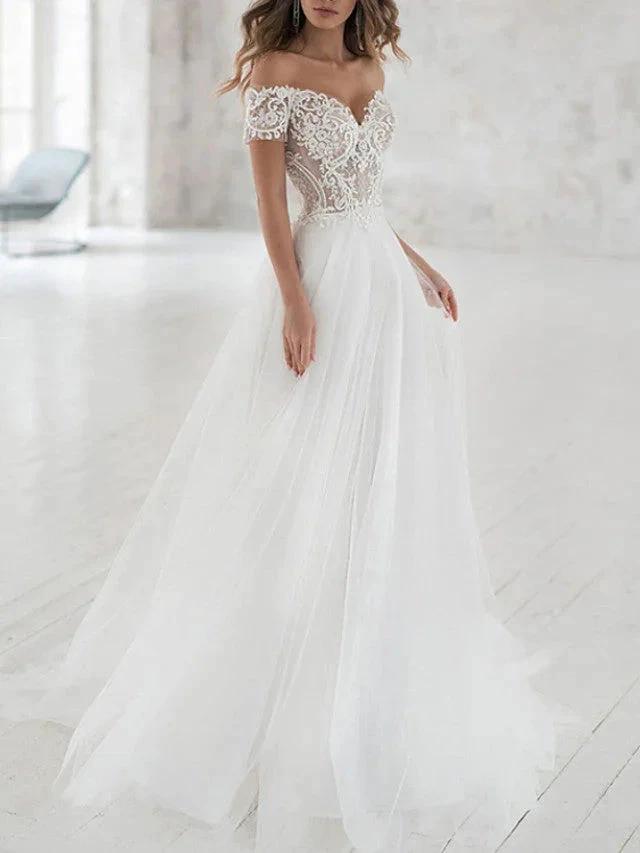 Beach Long A-Line Off the Shoulder Lace Tulle Wedding Dresses by BIZTUNNEL