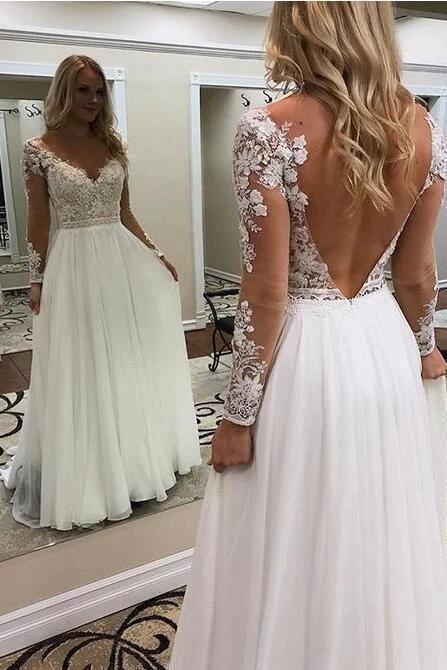 Beach Long A Line V Neck Tulle Backless Wedding Dress with Sleeves by BIZTUNNEL