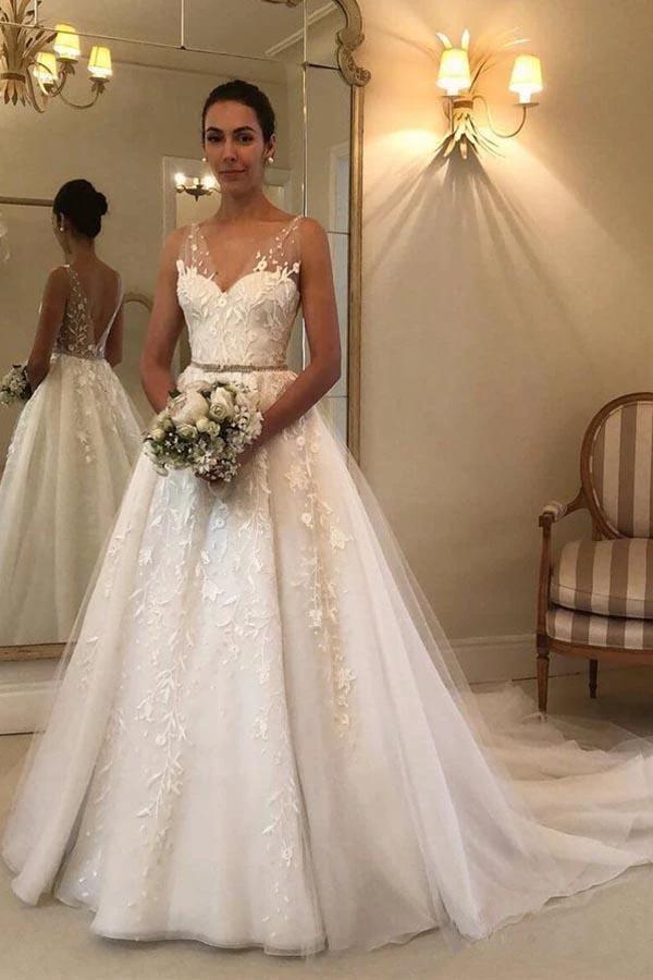 Beach Long A Line V Neck Tulle Lace Appliques Wedding Dress by BIZTUNNEL