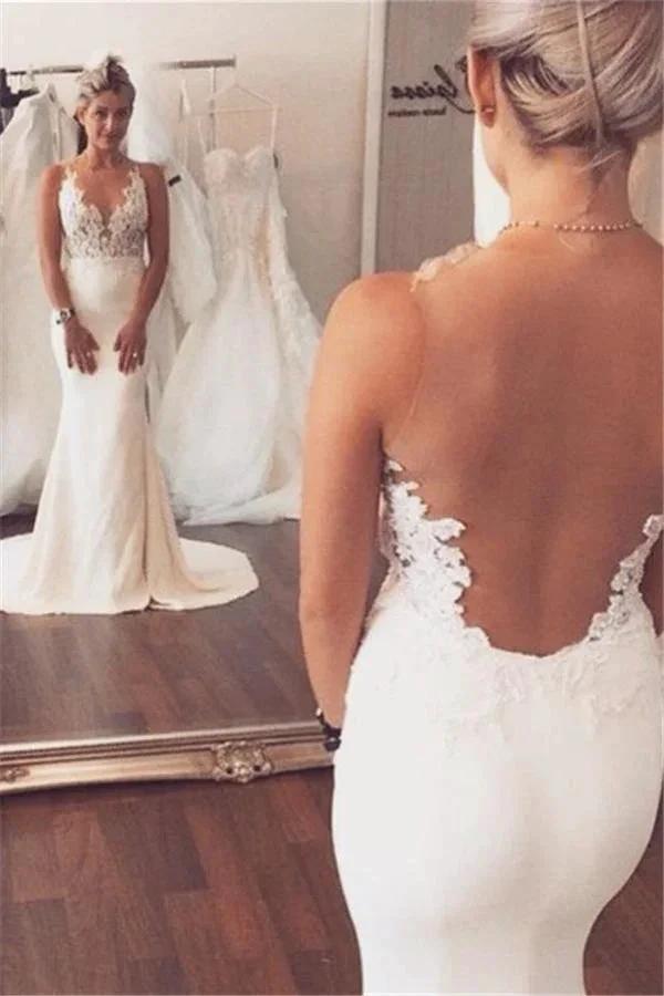 Beach Long Mermaid V-neck Lace Open Back Wedding Dresses by BIZTUNNEL