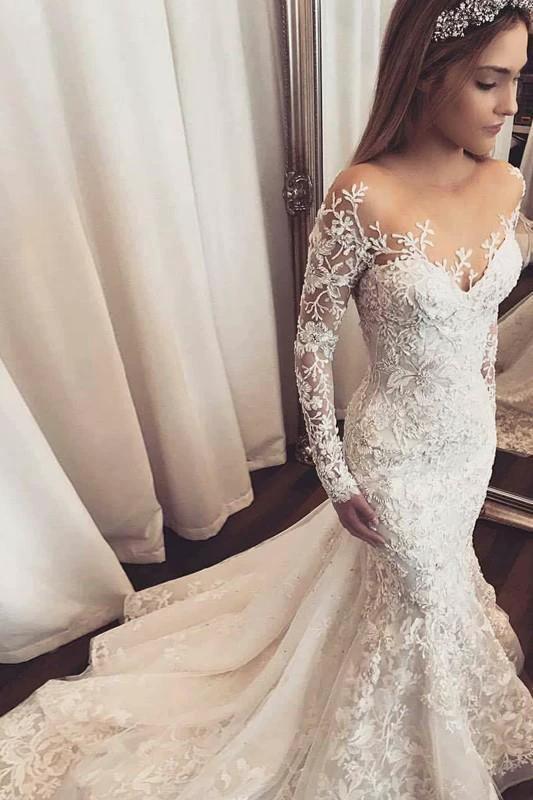 Beach Long Sleeves Mermaid Tulle Appliques Lace Wedding Dress by BIZTUNNEL
