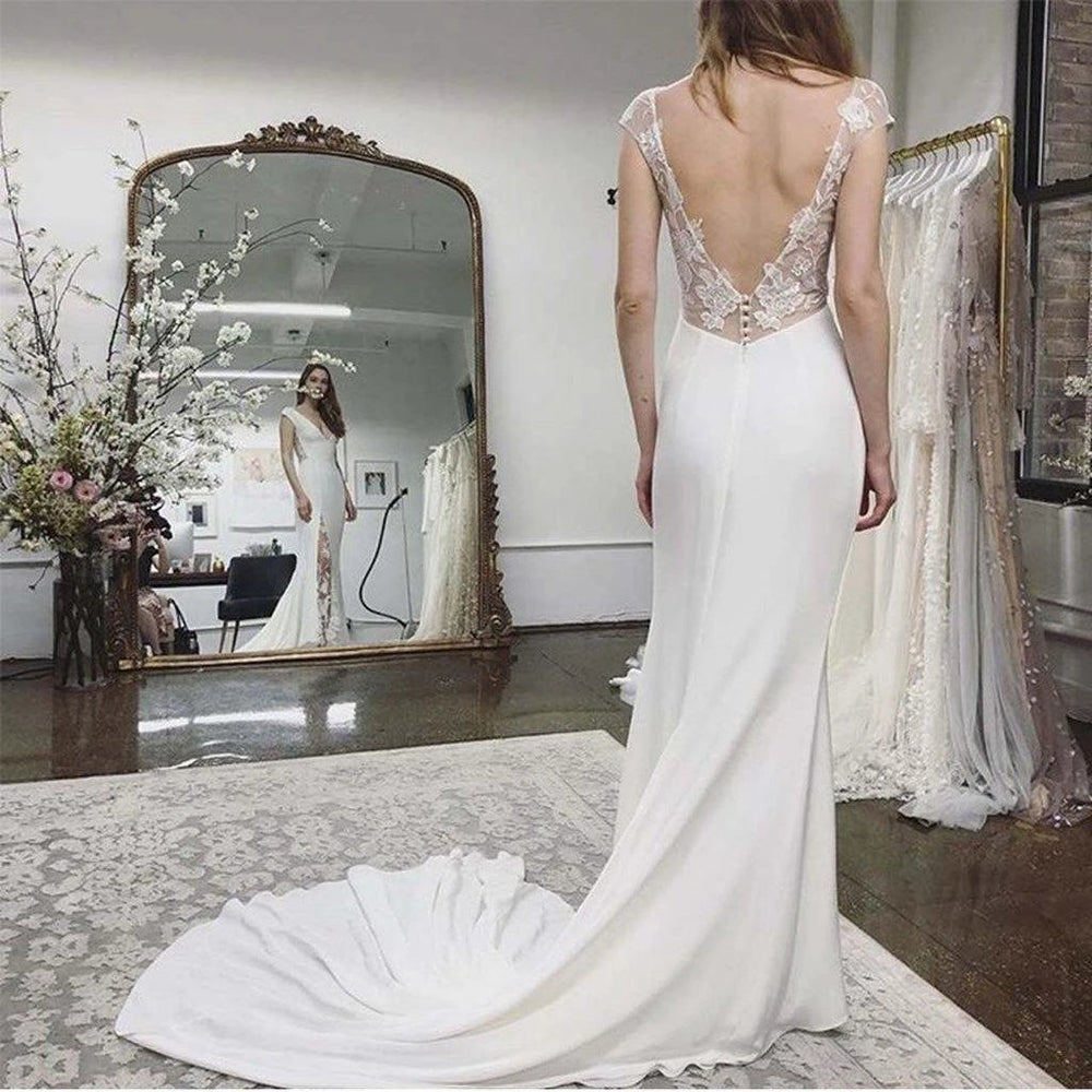 Beach Wedding Dress Cap Sleeves Appliques Backless Lace Bridal Dresses WD431 by pgmdress