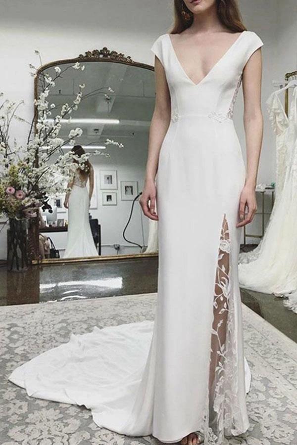 Beach Wedding Dress Cap Sleeves Appliques Backless Lace Bridal Dresses WD431 by pgmdress